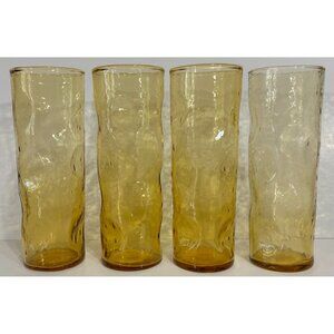 4 Vintage Empoli 7" Amber Tumblers Thumbprint Textured MCM Glass Tuscany, Italy